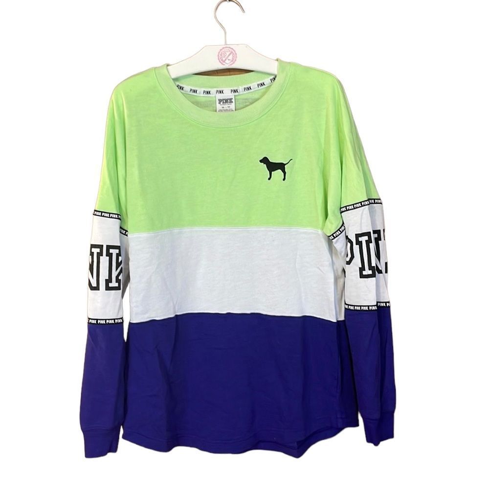 •PINK• VSP OVERSIZED CREW NECK SWEATER SIZE XS NEON GREEN/WHITE/BLUE/BLACK